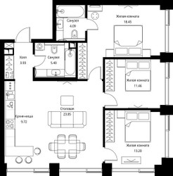 Планировка трехкомнатной(квартира) площадью 90.1 квадратных метров в ЖК “ЖК Сити Бэй”