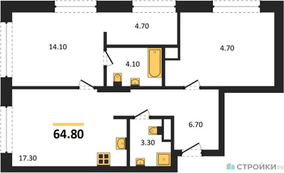 Планировка двухкомнатной(квартира) площадью 64.8 квадратных метров в ЖК “ЖК SOUL (СОУЛ)”