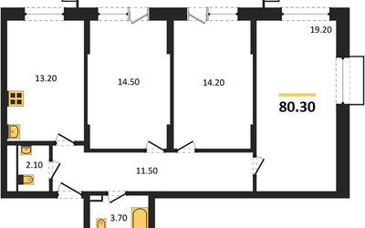 Планировка трехкомнатной(квартира) площадью 80.4 квадратных метров в ЖК “ЖК Пироговская Ривьера”