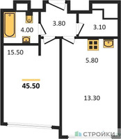 Планировка однокомнатной(квартира) площадью 45.5 квадратных метров в “ЖК ROTTERDAM (Роттердам)”