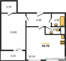 Планировка однокомнатной(квартира) площадью 50.7 квадратных метров в “ЖК Карамельный”