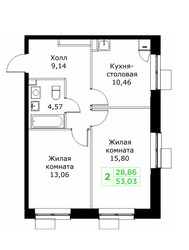 Планировка двухкомнатной(квартира) площадью 53.03 квадратных метров в ЖК “ЖК КИТ 2”