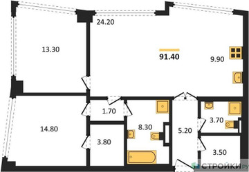 Планировка трехкомнатной(квартира) площадью 91.4 квадратных метров в ЖК “ЖК High Life (Хай Лайф)”