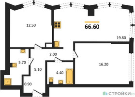 Планировка двухкомнатной(квартира) площадью 66.6 квадратных метров в “Акценты”