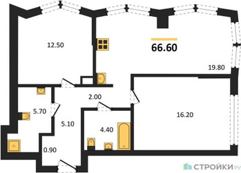 Планировка двухкомнатной(квартира) площадью 66.6 квадратных метров в ЖК “Акценты”