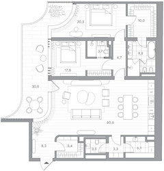 Планировка двухкомнатной(квартира) площадью 158.9 квадратных метров в ЖК “Клубный дом PHANTOM (Фантом)”