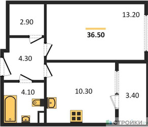 Планировка однокомнатной(квартира) площадью 36.5 квадратных метров в ЖК “Жилой квартал Новое Медведково”
