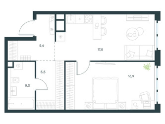 Планировка однокомнатной(квартира) площадью 50.7 квадратных метров в ЖК “ЖК Левел Южнопортовая”
