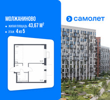 Планировка однокомнатной(квартира) площадью 43.67 квадратных метров в “ЖК Молжаниново”