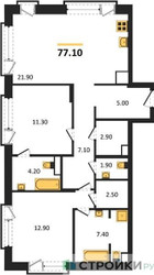 Планировка двухкомнатной(квартира) площадью 77.1 квадратных метров в ЖК “ЖК The LAKE (Лэйк)”