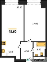 Планировка однокомнатной(апартаменты) площадью 48.6 квадратных метров в “ЖК Мираполис”