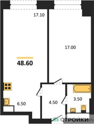Планировка однокомнатной(апартаменты) площадью 48.6 квадратных метров в ЖК “ЖК Мираполис”