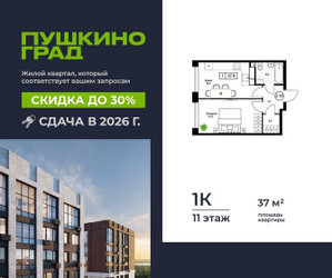 Планировка однокомнатной(квартира) площадью 37 квадратных метров в ЖК “ЖК Пушкино Град”