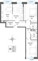 Планировка трехкомнатной(квартира) площадью 81.3 квадратных метров в “ЖК КИНОКВАРТАЛ”