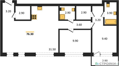 Планировка двухкомнатной(квартира) площадью 76.3 квадратных метров в ЖК “ЖК Дом А”