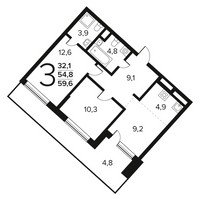 Планировка трехкомнатной(квартира) площадью 59.6 квадратных метров в “Новые Ватутинки. Заречный”
