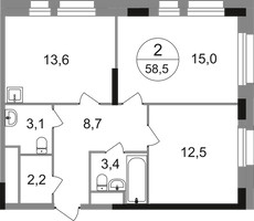 Планировка двухкомнатной(квартира) площадью 58.5 квадратных метров в “ЖК Первый Московский”
