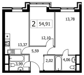 Планировка двухкомнатной(квартира) площадью 54.91 квадратных метров в ЖК “ЖК Городские Истории”