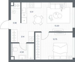 Планировка однокомнатной(квартира) площадью 42.48 квадратных метров в “ЖК TATE (Тэйт)”