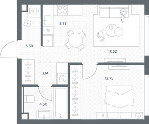 Планировка однокомнатной(квартира) площадью 42.48 квадратных метров в ЖК “ЖК TATE (Тэйт)”