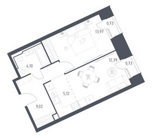Планировка однокомнатной(апартаменты) площадью 46.06 квадратных метров в “ЖК Скай Спутник”