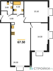 Планировка двухкомнатной(квартира) площадью 67.6 квадратных метров в ЖК “ЖК Парксайд”