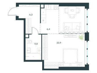 Планировка однокомнатной(квартира) площадью 44.1 квадратных метров в ЖК “ЖК Левел Южнопортовая”