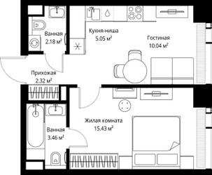 Планировка однокомнатной(квартира) площадью 38.48 квадратных метров в ЖК “ЖК Веер”