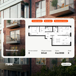 Планировка двухкомнатной(квартира) площадью 64 квадратных метров в ЖК “ЖК Москворечье”