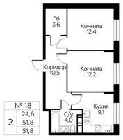 Планировка двухкомнатной(квартира) площадью 51.8 квадратных метров в “ЖК Цветочные Поляны Сити”