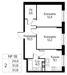 Планировка двухкомнатной(квартира) площадью 51.8 квадратных метров в ЖК “ЖК Цветочные Поляны Сити”