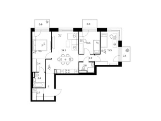 Планировка трехкомнатной(квартира) площадью 79.5 квадратных метров в ЖК “ЖК Зеленый парк”