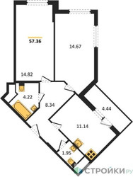 Планировка двухкомнатной(квартира) площадью 57.36 квадратных метров в ЖК “ЖК Светлый мир БиоПолис”