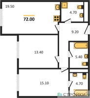 Планировка двухкомнатной(квартира) площадью 72 квадратных метров в “ЖК Интонация”