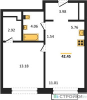 Планировка однокомнатной(квартира) площадью 42.45 квадратных метров в “ЖК LIFE Варшавская”