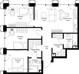 Планировка трехкомнатной(квартира) площадью 77 квадратных метров в ЖК “ЖК СЕТ”
