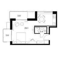 Планировка студии(апартаменты) площадью 37.9 квадратных метров в “Апарт-комплекс Аквилон Сигнал”