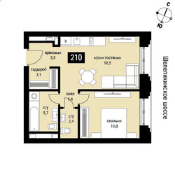 Планировка однокомнатной(квартира) площадью 47.4 квадратных метров в ЖК “ЖК Шелепиха (Cosmopolit)”