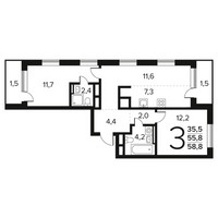Планировка трехкомнатной(квартира) площадью 58.8 квадратных метров в “Новые Ватутинки. Заречный”