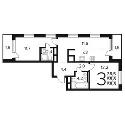 Планировка трехкомнатной(квартира) площадью 58.8 квадратных метров в ЖК “Новые Ватутинки. Заречный”