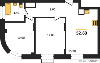 Планировка двухкомнатной(квартира) площадью 52.6 квадратных метров в ЖК “ЖК Резиденции Сколково”