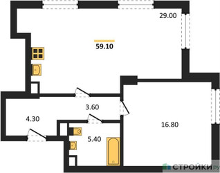 Планировка однокомнатной(квартира) площадью 59.1 квадратных метров в ЖК “ЖК Крылатская 33”
