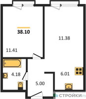 Планировка однокомнатной(квартира) площадью 38.1 квадратных метров в “ЖК Соседи 21/19”