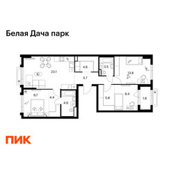 Планировка трехкомнатной(квартира) площадью 85.9 квадратных метров в ЖК “ЖК Белая Дача парк”