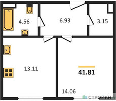 Планировка однокомнатной(квартира) площадью 41.81 квадратных метров в “Квартал Foriver”
