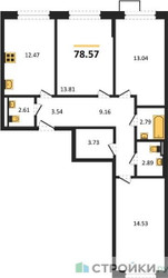 Планировка трехкомнатной(квартира) площадью 78.57 квадратных метров в “ЖК Подольские кварталы”