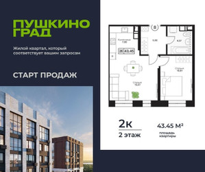 Планировка двухкомнатной(квартира) площадью 43.45 квадратных метров в ЖК “ЖК Пушкино Град”