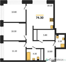 Планировка трехкомнатной(квартира) площадью 74.3 квадратных метров в “ЖК Первый Московский”