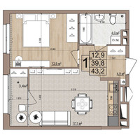 Планировка однокомнатной(квартира) площадью 43.2 квадратных метров в “ЖК Гранд Комфорт”