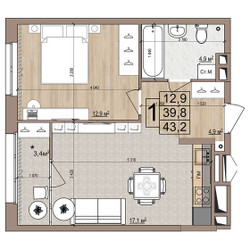 Планировка однокомнатной(квартира) площадью 43.2 квадратных метров в ЖК “ЖК Гранд Комфорт”